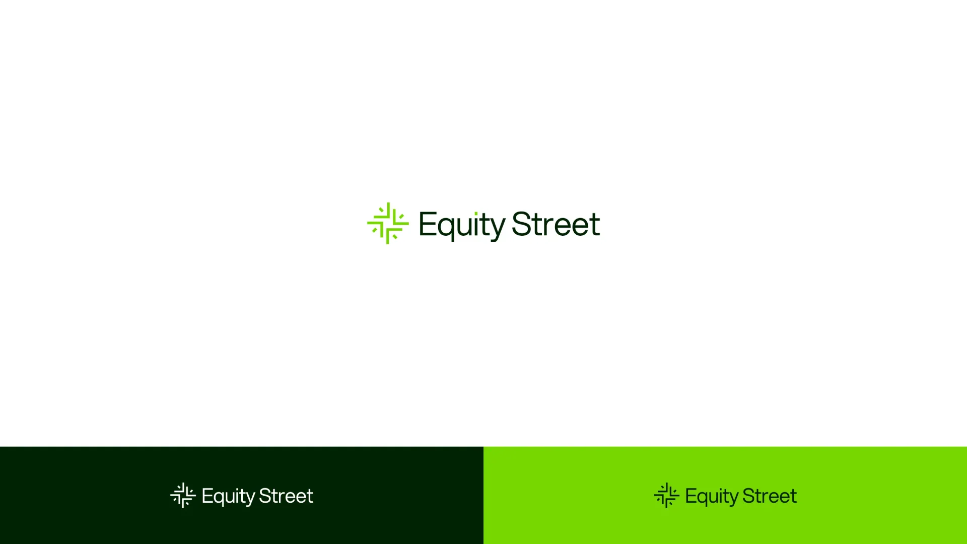 Equity Street logo colour variations across white, dark green and electric green