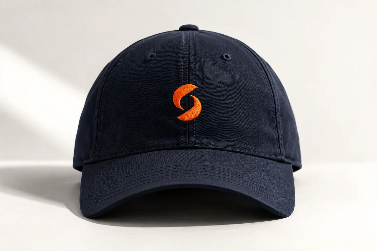 Orange MySalarium symbol embroidered onto a navy cap