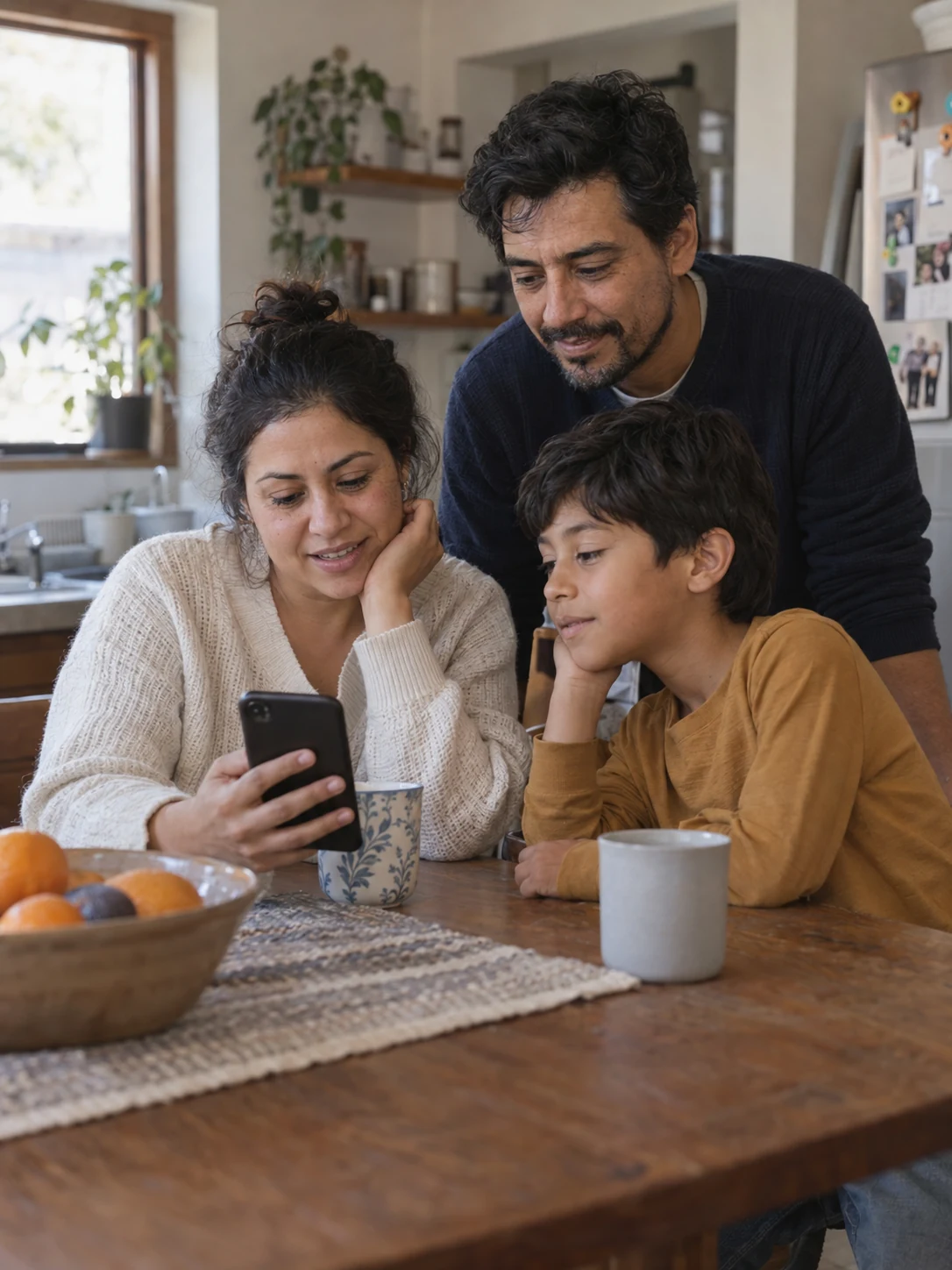 A family sharing a quiet moment around a phone at their kitchen table
