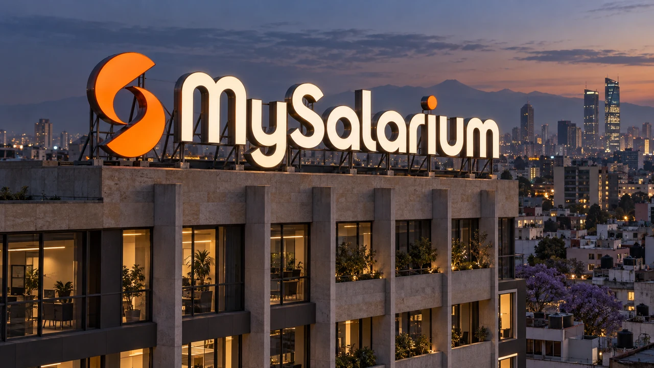 A monumental illuminated MySalarium logo mounted on a stone building above the Mexico City skyline at dusk, a concept signage mockup