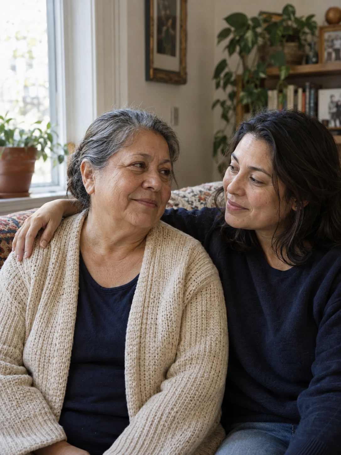 A mother and adult daughter talking together on a sofa